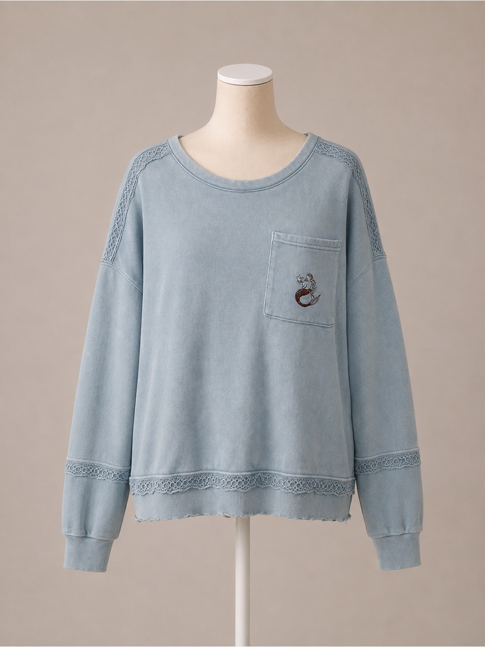 Free People Washed Blue Mermaid Embroidered Lace Trim Sweatshirt M